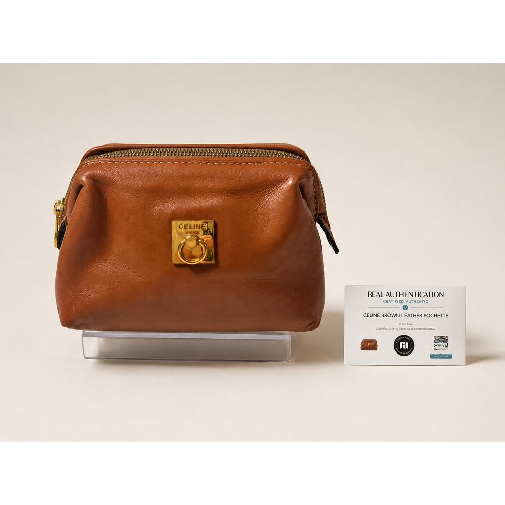 VTG CELINE Brown Leather Cosmetic Pouch Vanity Bag Gold Ring Logo Red Interior